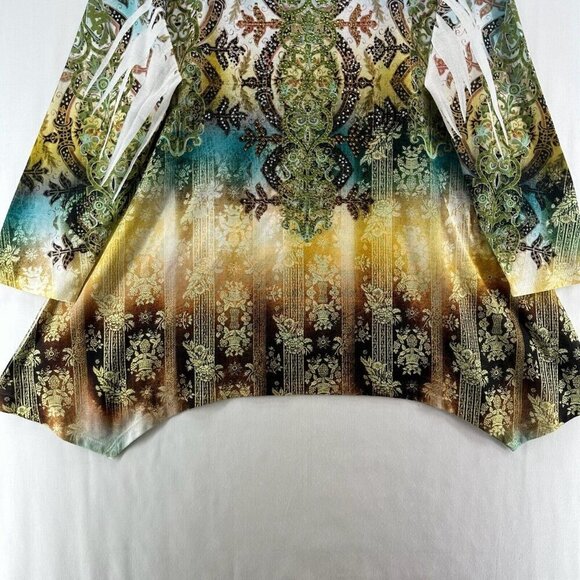 Reba Tunic Womens Sz L Burnout Ombre Lace Trim Asymmetric Long Sleeve Multicolor - Picture 4 of 10